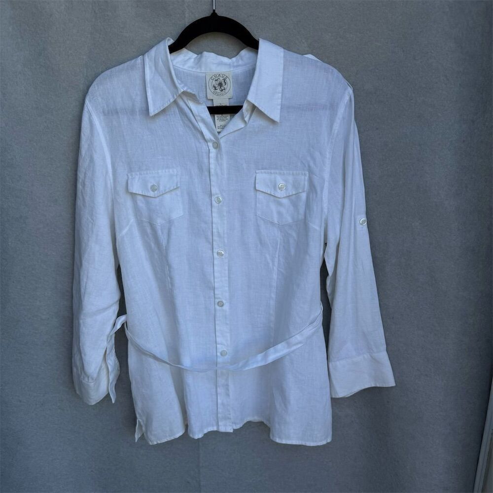 CHAUS Organic Linen Women's White Button-Up Shirt Size L Long Sleeve Belted